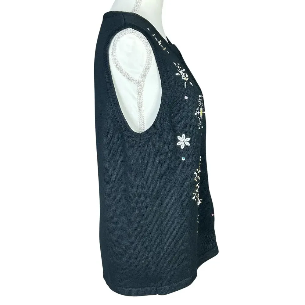 CDP & Co Knit Vest Size  Medium Black Silver Snowflake Embroidered Beaded Top